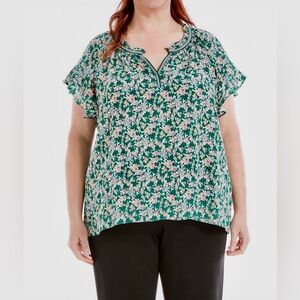 NWT! Max Studio Women's Plus Size Woven Flutter Sleeve Green Floral Top 3X